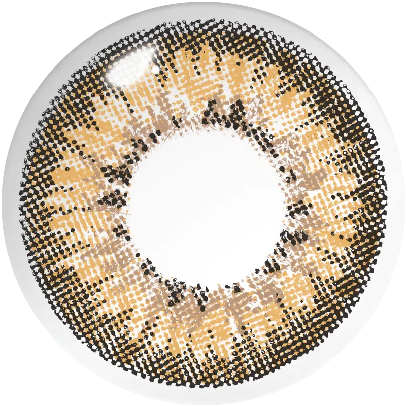 Elegance Brown contact lens pattern with warm honey-brown and gold halftone dot pattern and defined dark limbal ring | Aura Lens
