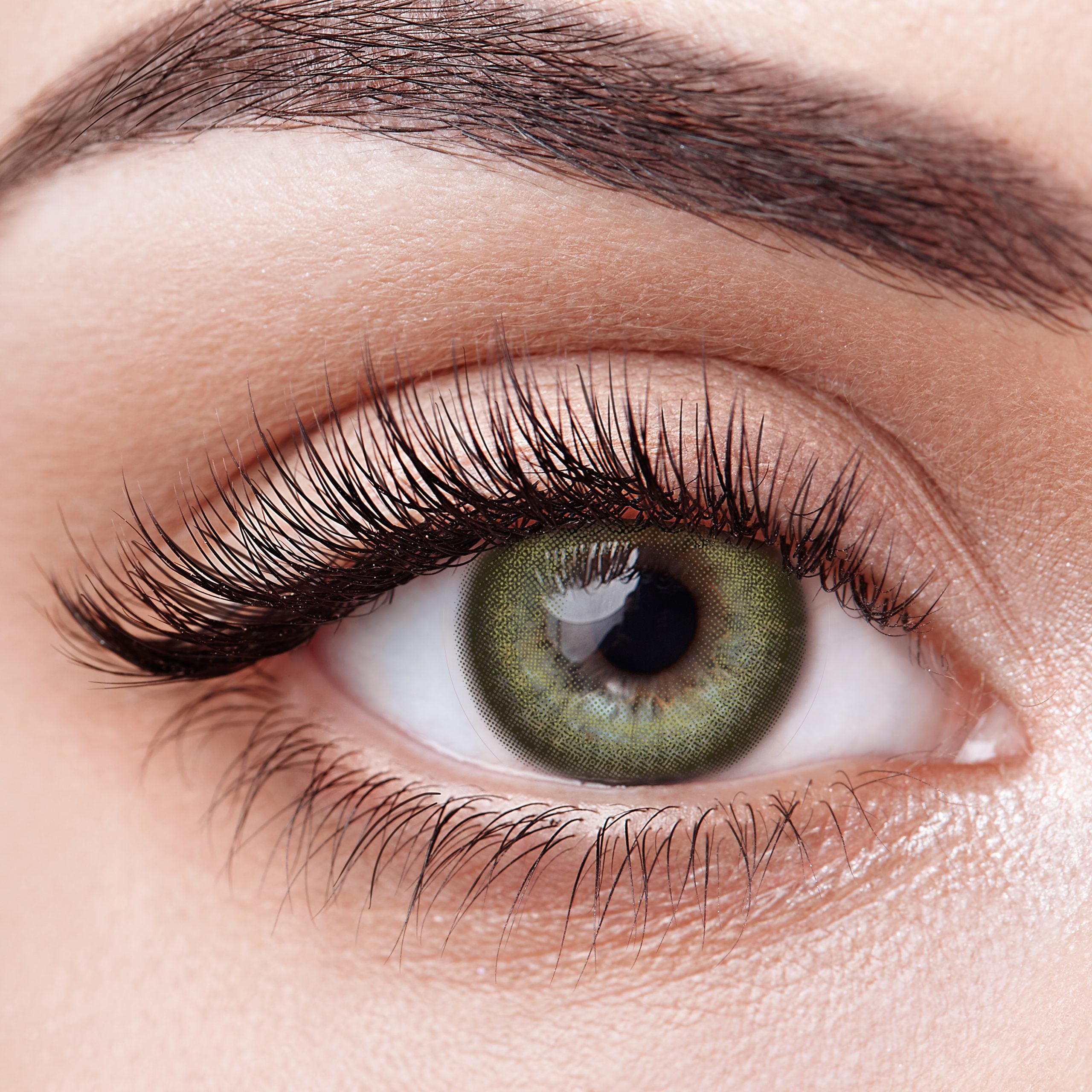 Close-up image of Aura Lens contact lens in Forest Green shade, showing natural green tones designed to enhance eye color with a vibrant yet subtle look.